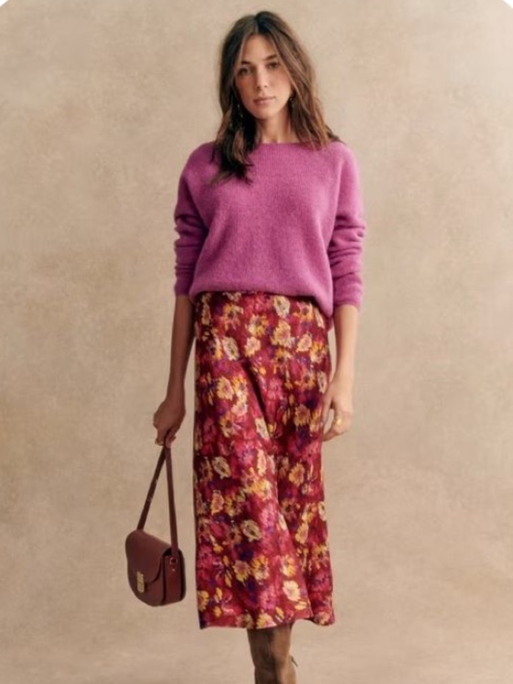 Sézane Sandy Skirt Floral Print Midi Skirt Pink Burgundy Size 36